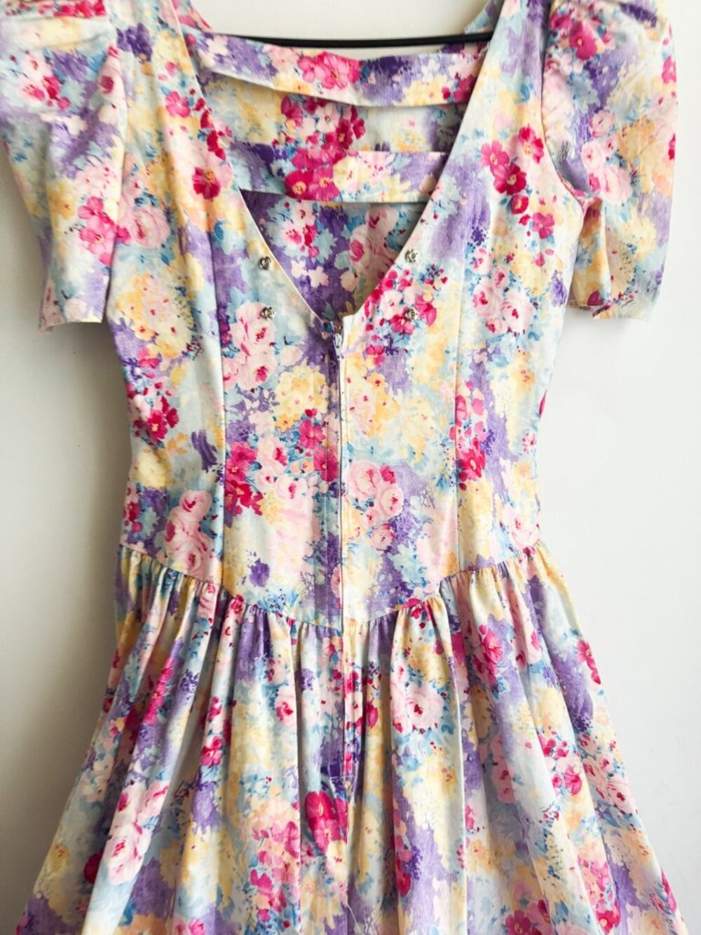 Vintage Light Floral Cotton Party Dress High Low M - Picture 7 of 8
